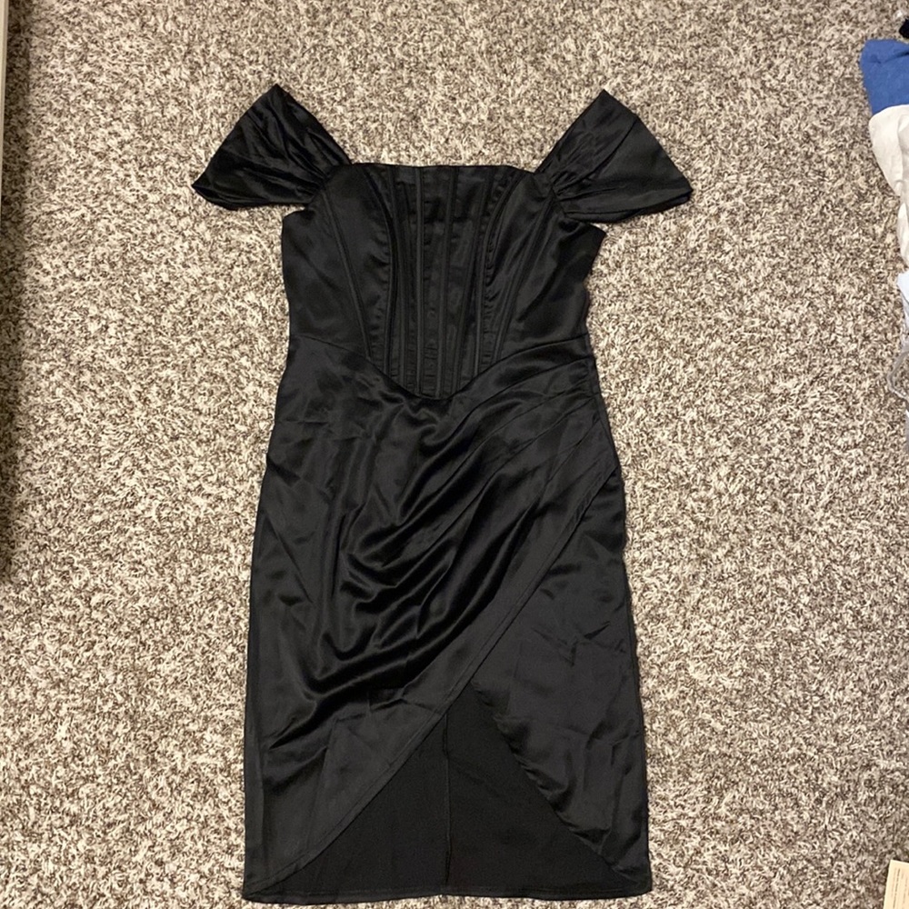 Black satin corset boning off the shoulder wrap high slit dress size large